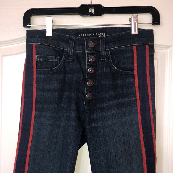 Veronica Beard 10” Carolyn Baby Boot Jeans in Midnight w/Red Tuxedo Stripe. 25. - Picture 3 of 12